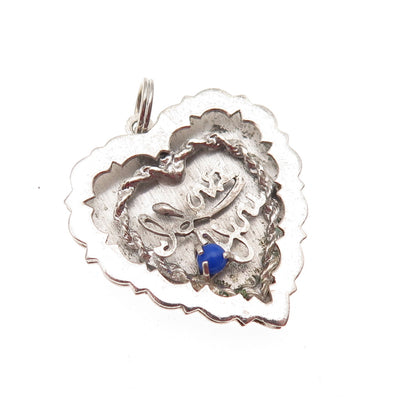 925 Sterling Silver Vintage POM Rhinestone I Love You Heart Charm Pendant