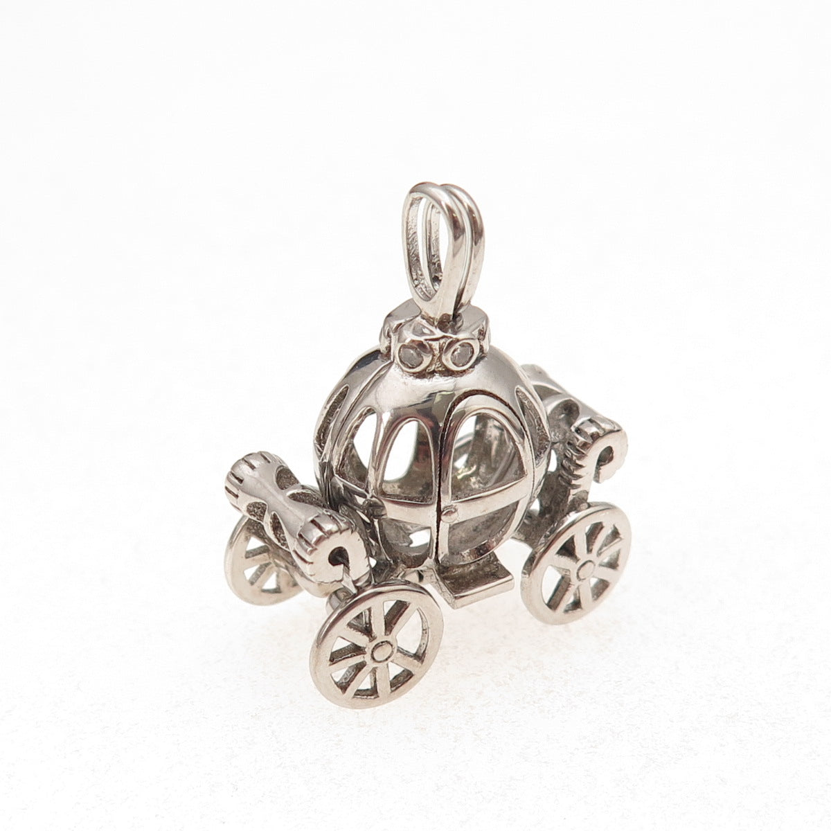 925 Sterling Silver Vintage C Z Cinderella Pumpkin Carriage Open Cage Pendant