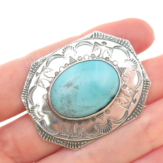 Old Pawn Sterling Silver Vintage Southwestern Turquoise Thunderbird Pin Brooch
