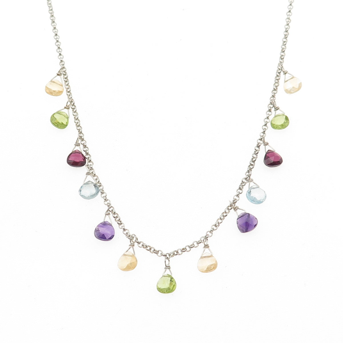 GSJ Gold Stone Sterling Silver Vintage Real Multi-Gem Rolo Chain Necklace 18"
