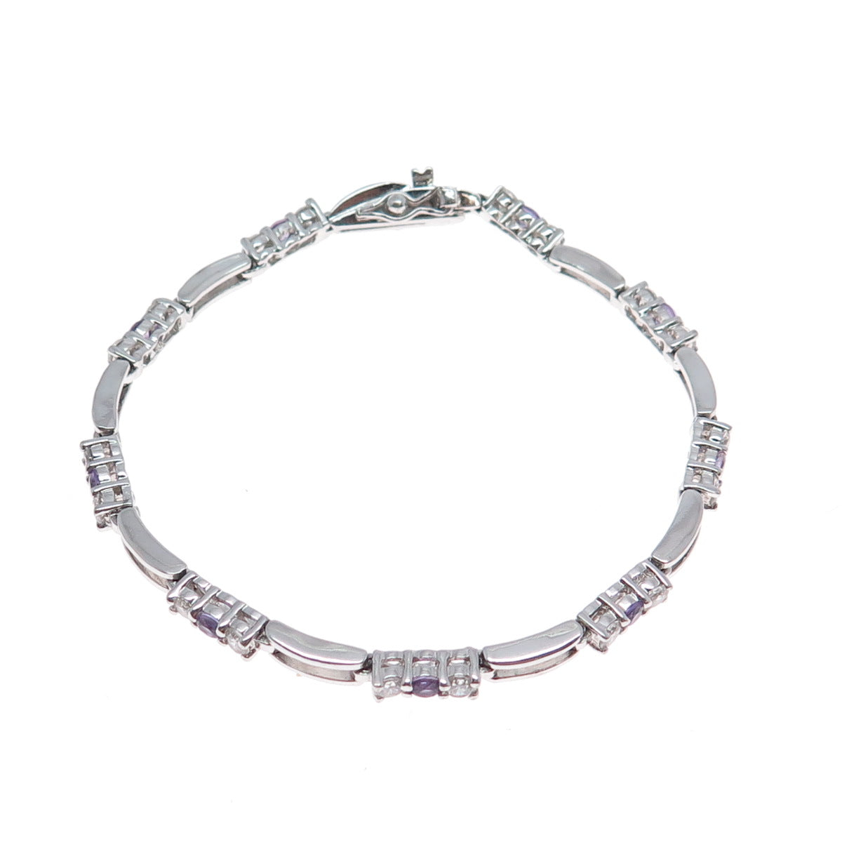925 Sterling Silver Real Amethyst & C Z Station Tennis Link Bracelet 7.25"