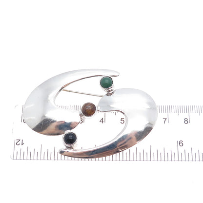 925 Sterling Silver Vintage Mexico Black & Green Onyx Tiger Eye Modernist Brooch