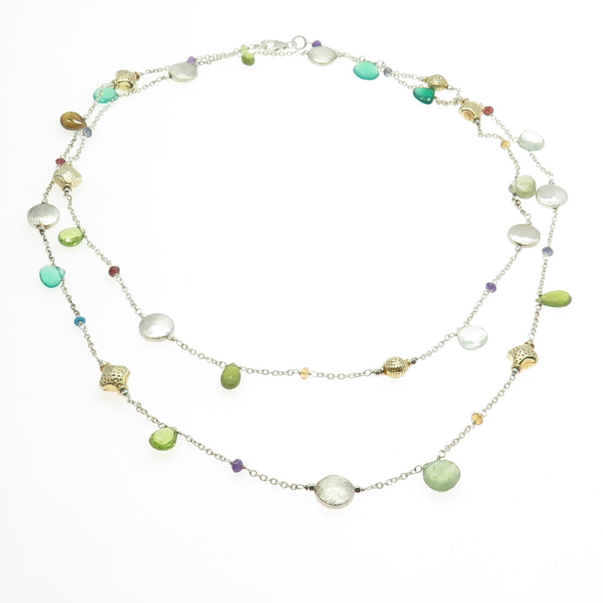 925 Sterling Silver Chalcedony Peridot Citrine Garnet Tanzanite Gem Necklace 40"