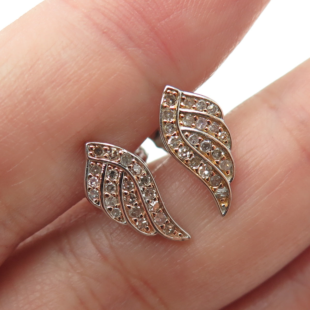 925 Sterling Silver 2-Tone Real Round-Cut Diamond Angel Wing Earrings