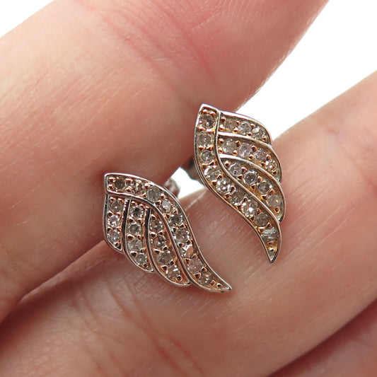 925 Sterling Silver 2-Tone Real Round-Cut Diamond Angel Wing Earrings