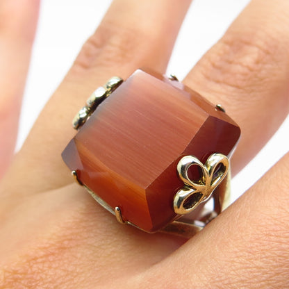 925 Sterling Silver Gold Plated Fiber Optic Cat's Eye Gem Square Ring Size 8