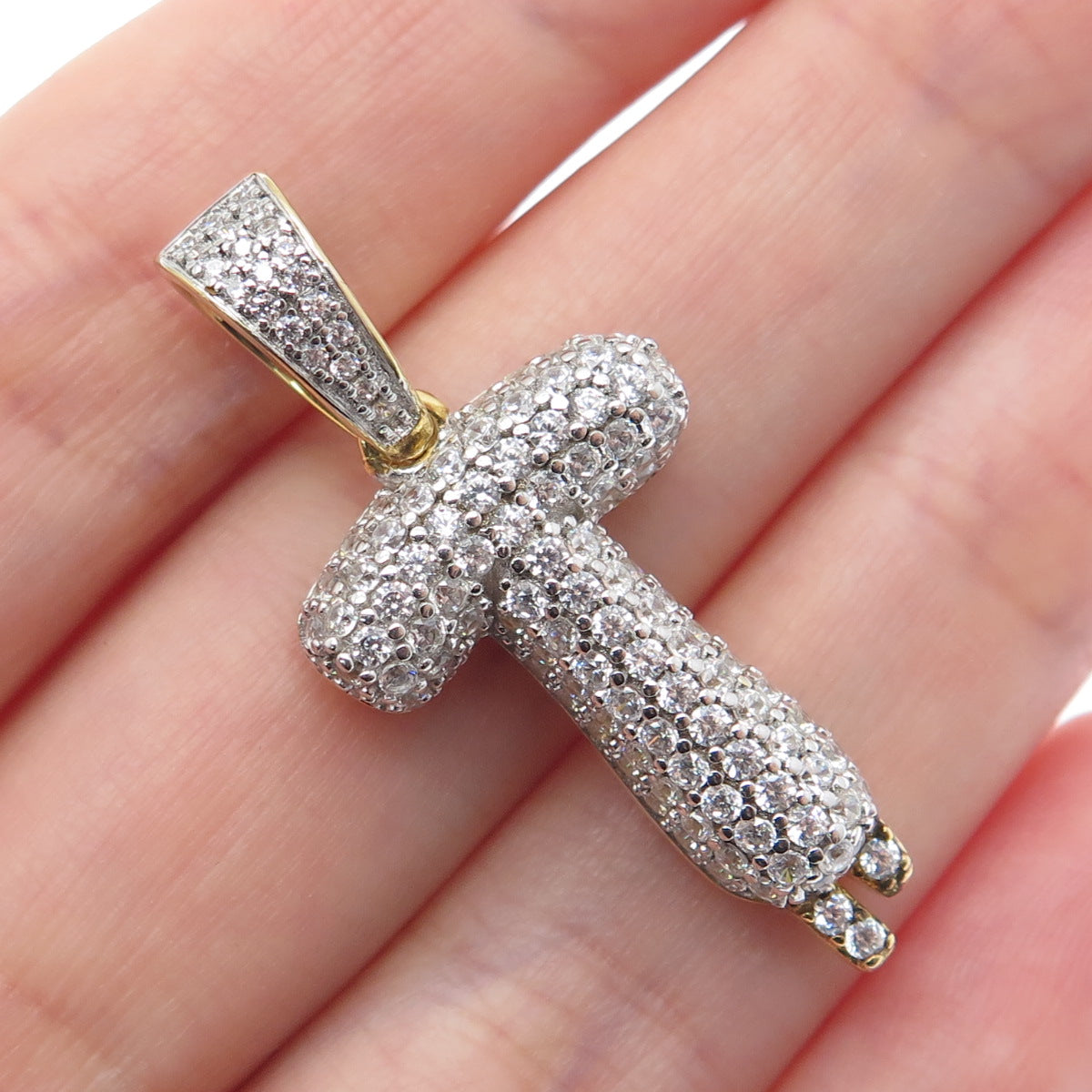 925 Sterling Silver Gold Plated Round-Cut Shaped C Z Letter T Sparkle Pendant
