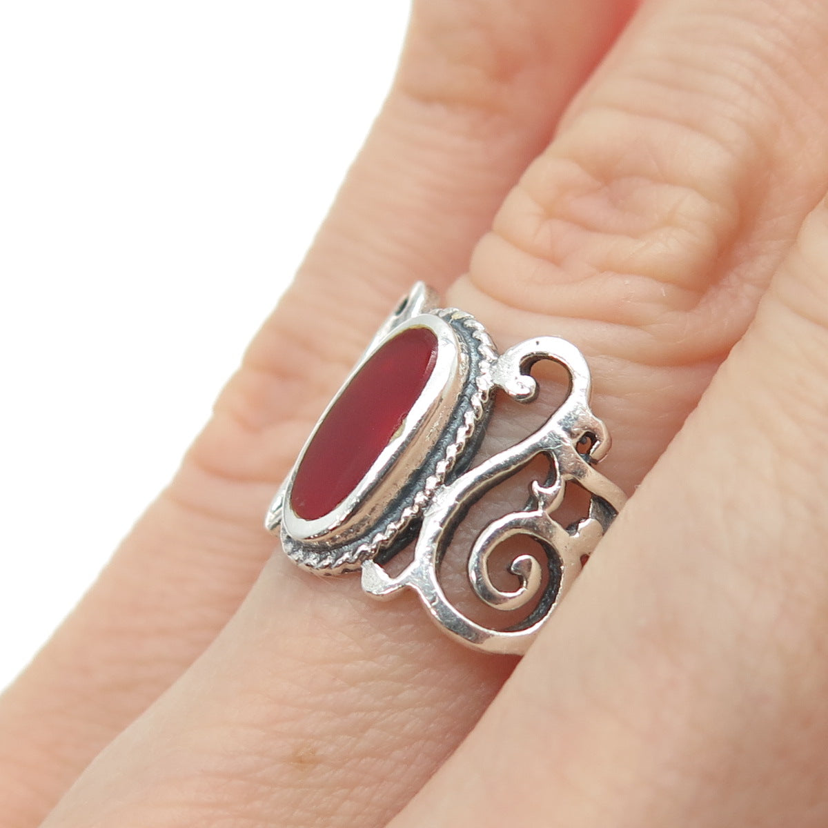 925 Sterling Silver Vintage Real Carnelian Swirl Oxidized Ring Size 6