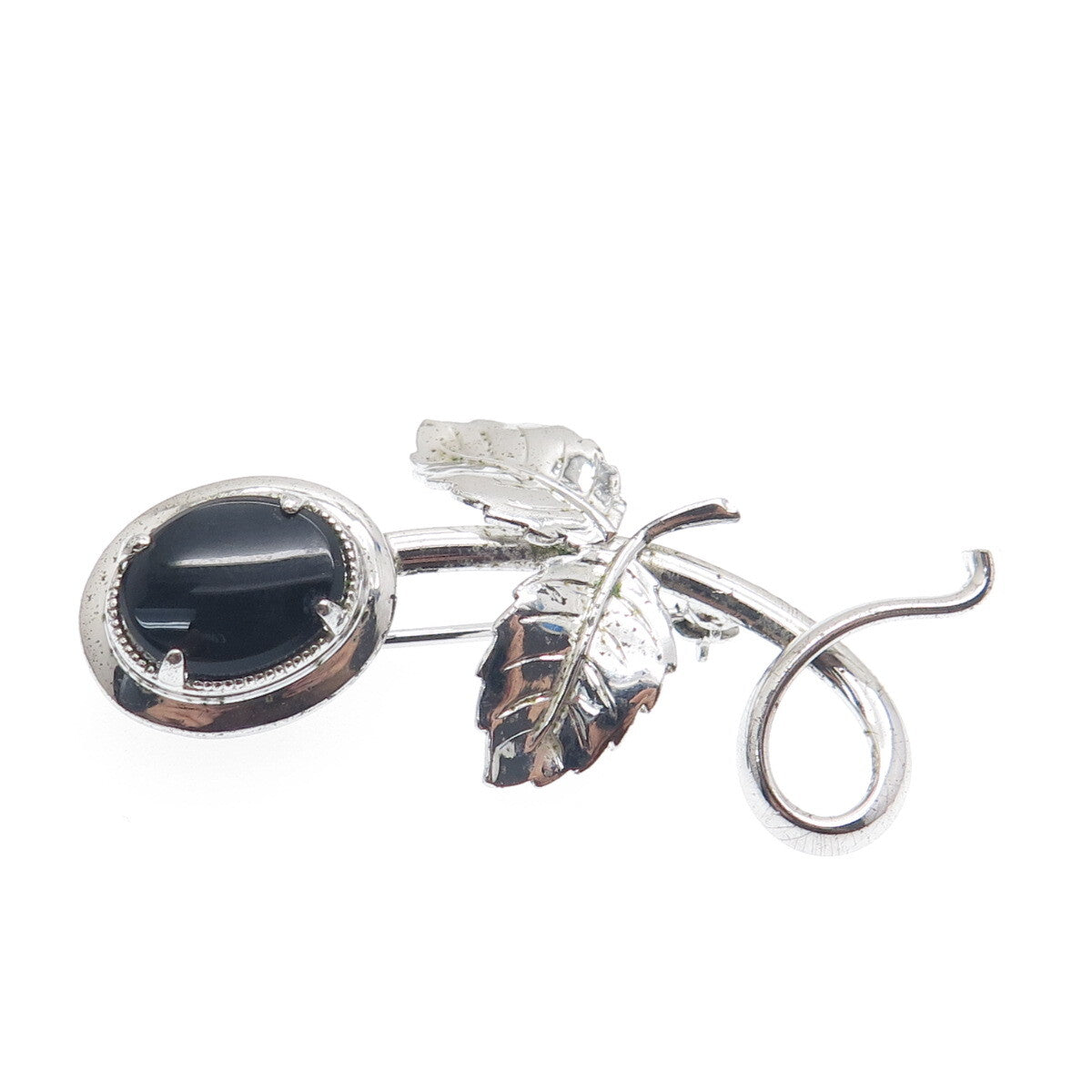 AMCO 925 Sterling Silver Antique Real Black Onyx Flower Letter "L" Pin Brooch
