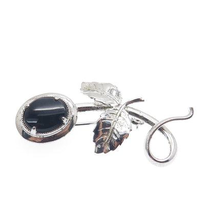 AMCO 925 Sterling Silver Antique Real Black Onyx Flower Letter "L" Pin Brooch