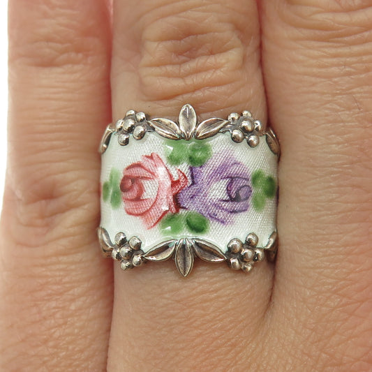 ESPO Joseph Esposito 925 Sterling Silver Vintage Enamel Rose Flower Ring Size 7