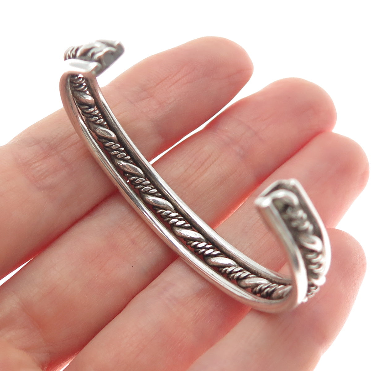 925 Sterling Silver Vintage Twisted Rope Oxidized Adjustable Cuff Bracelet 4.75"
