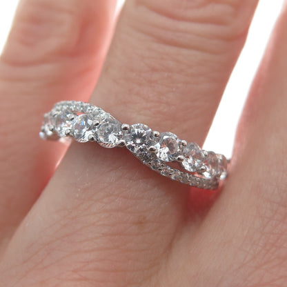 925 Sterling Silver Round-Cut C Z Crisscross Wavy Ring Size 7.25