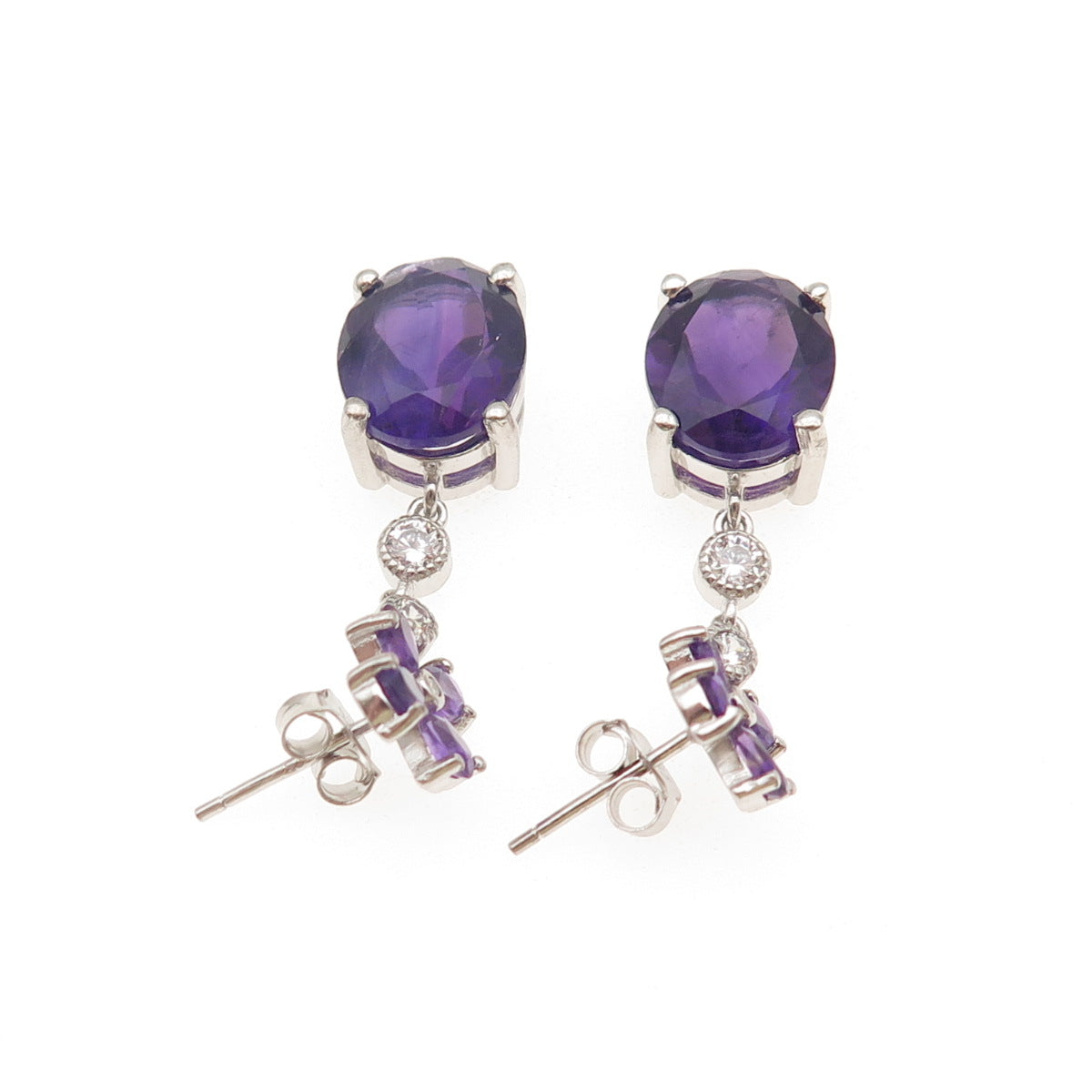 925 Sterling Silver Vintage Real Amethyst & C Z Dangle Earrings