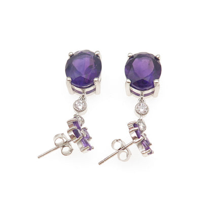 925 Sterling Silver Vintage Real Amethyst & C Z Dangle Earrings