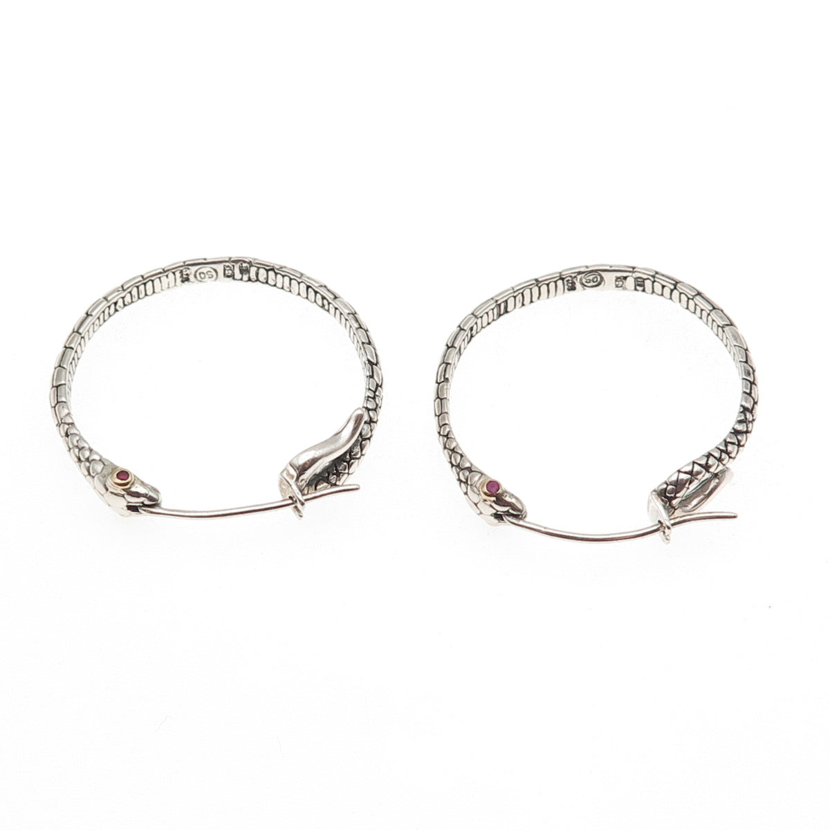 925 Sterling Silver 18K Gold Vintage Real Ruby Snake Hoop Earrings