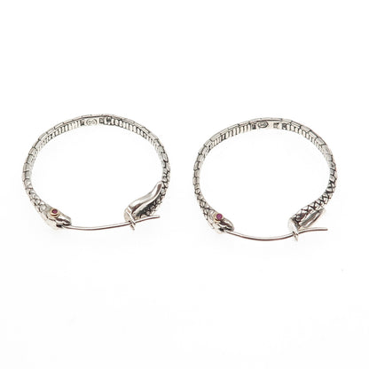 925 Sterling Silver 18K Gold Vintage Real Ruby Snake Hoop Earrings