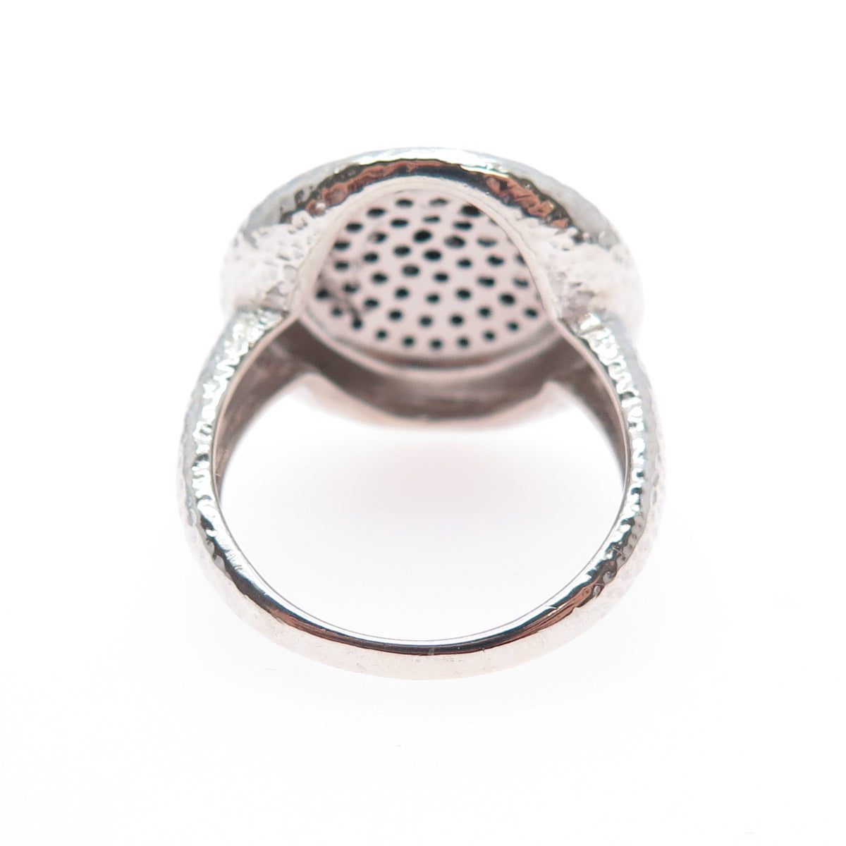 925 Sterling Silver Vintage Real Round-Cut Black Spinel Hammered Ring Size 8