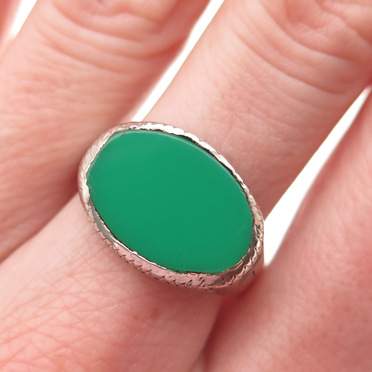 925 Sterling Silver Antique Art Deco Real Oval-Cut Green Onyx Ring Size 9