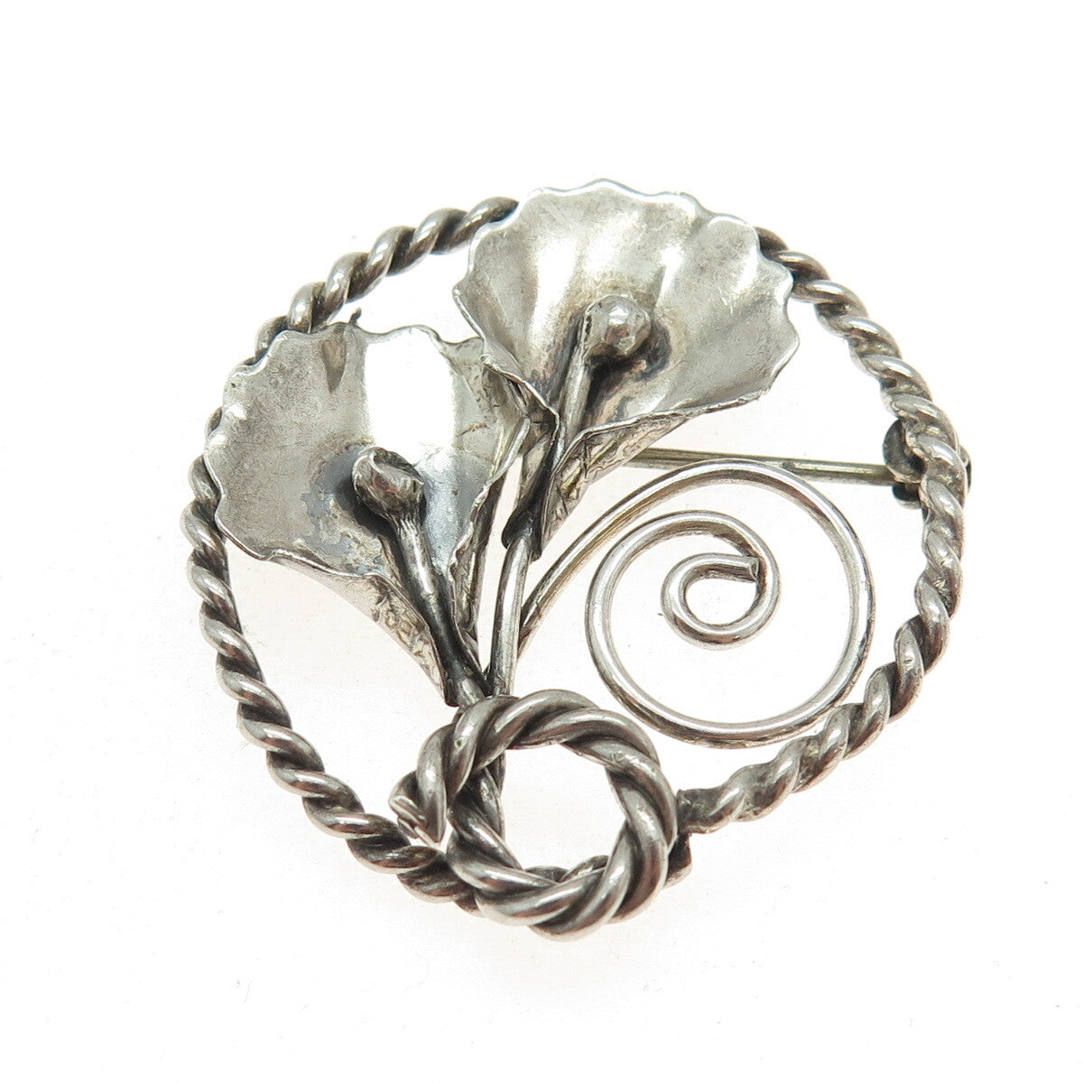 925 Sterling Silver Antique Art Deco Calla Lily Flower Oxidized Pin Brooch
