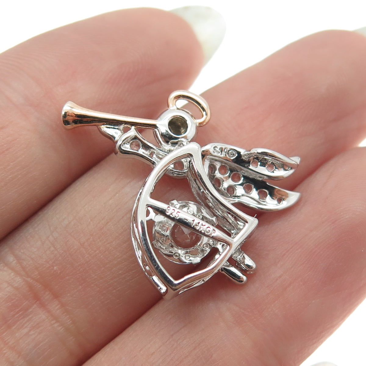 925 Sterling Silver 14K GF Vintage Sapphire Gem Angel Playing Trumpet Pendant