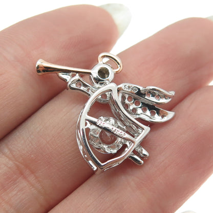 925 Sterling Silver 14K GF Vintage Sapphire Gem Angel Playing Trumpet Pendant