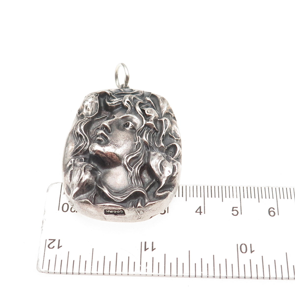 HENRYK WINOGRAD 999 Fine Silver Antique Art Deco Repousse Lady Oxidized Pendant