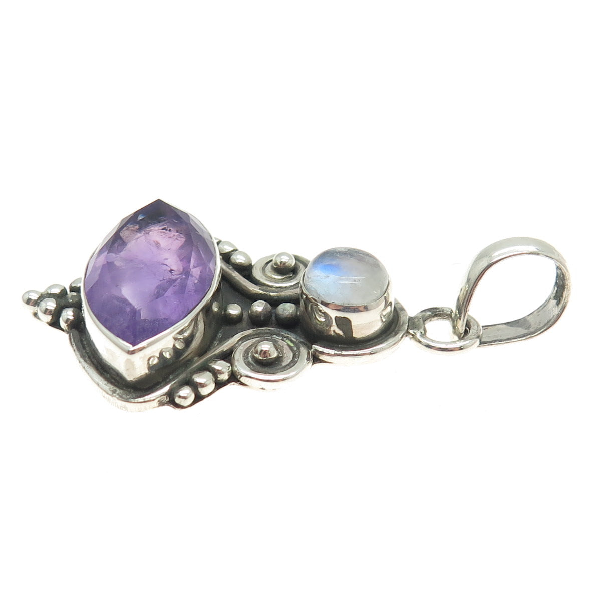 925 Sterling Silver Vintage Real Amethyst & Moonstone Gem Boho/Ethnic Pendant