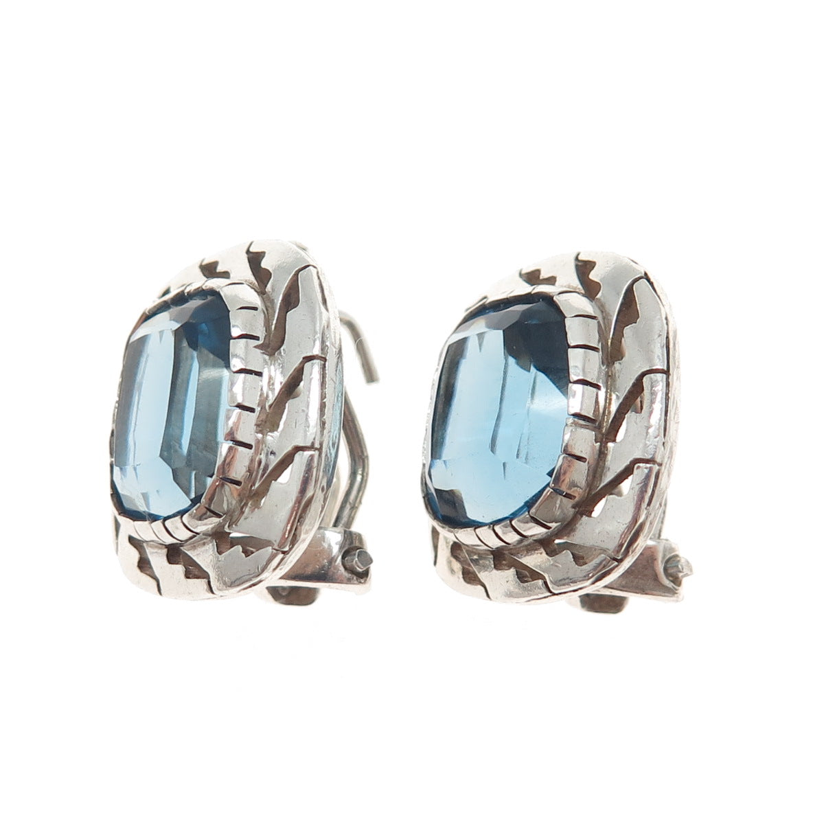 925 Sterling Silver Vintage Mexico Cushion-Cut Blue C Z Omega Back Earrings