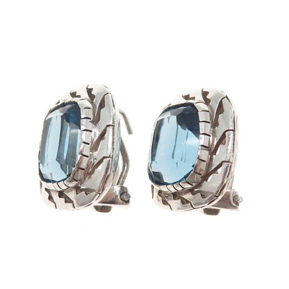 925 Sterling Silver Vintage Mexico Cushion-Cut Blue C Z Omega Back Earrings