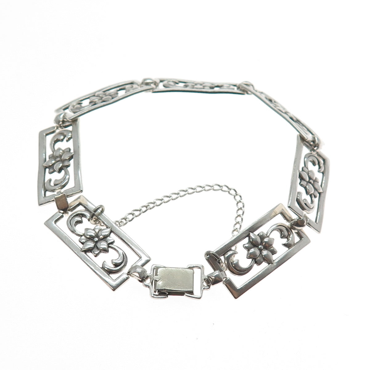 925 Sterling Silver Antique Art Deco Flower Blossom Panel Link Bracelet 7.75"