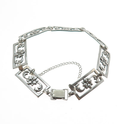 925 Sterling Silver Antique Art Deco Flower Blossom Panel Link Bracelet 7.75"
