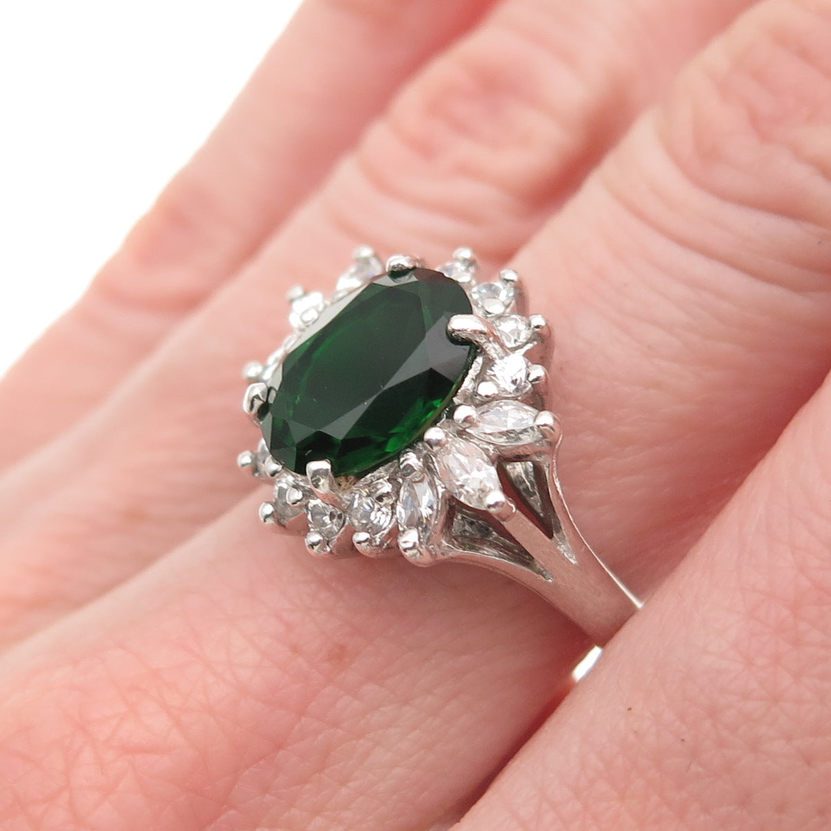 Jolie Gabor 925 Sterling Silver Green & White C Z Bohemian Ring Size 6.75