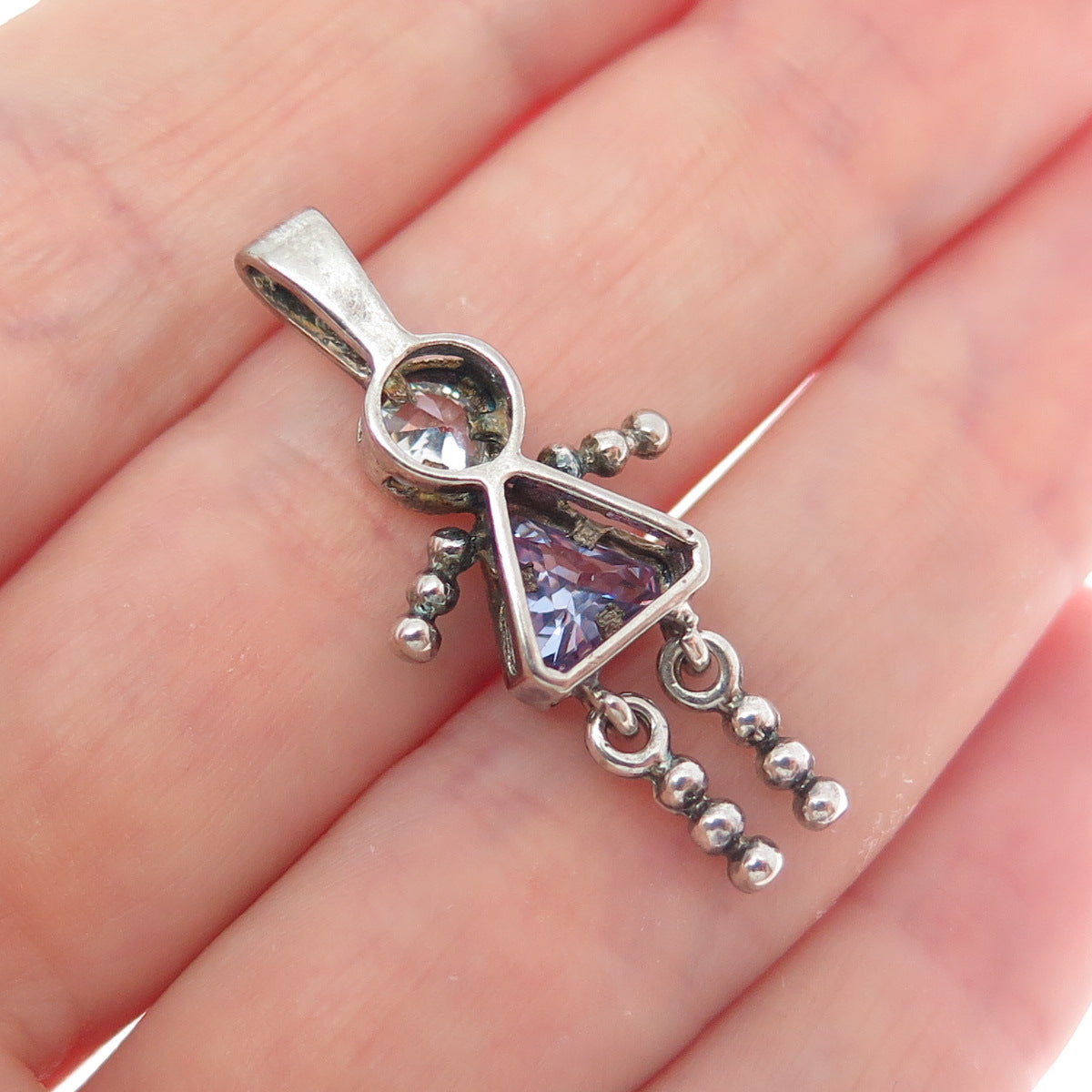 925 Sterling Vintage Multi-C Z February Birthstone Girl Articulated Pendant