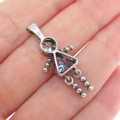 925 Sterling Vintage Multi-C Z February Birthstone Girl Articulated Pendant