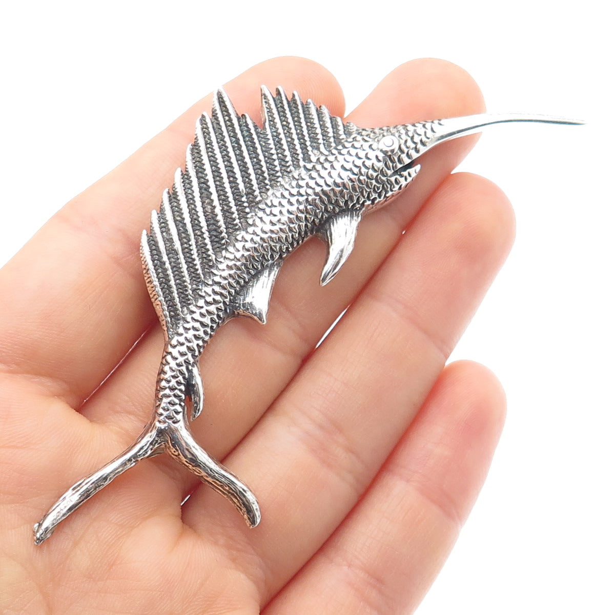 925 Sterling Silver Vintage Swordfish Oxidized Pin Brooch