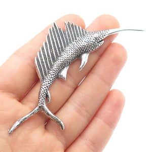 925 Sterling Silver Vintage Swordfish Oxidized Pin Brooch