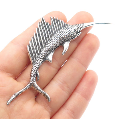 925 Sterling Silver Vintage Swordfish Oxidized Pin Brooch