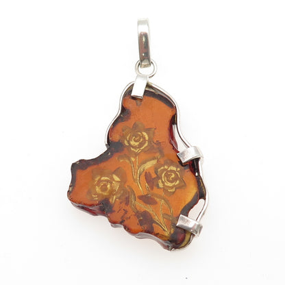 925 Sterling Silver Vintage Real Amber Carved Rose Flower Pendant