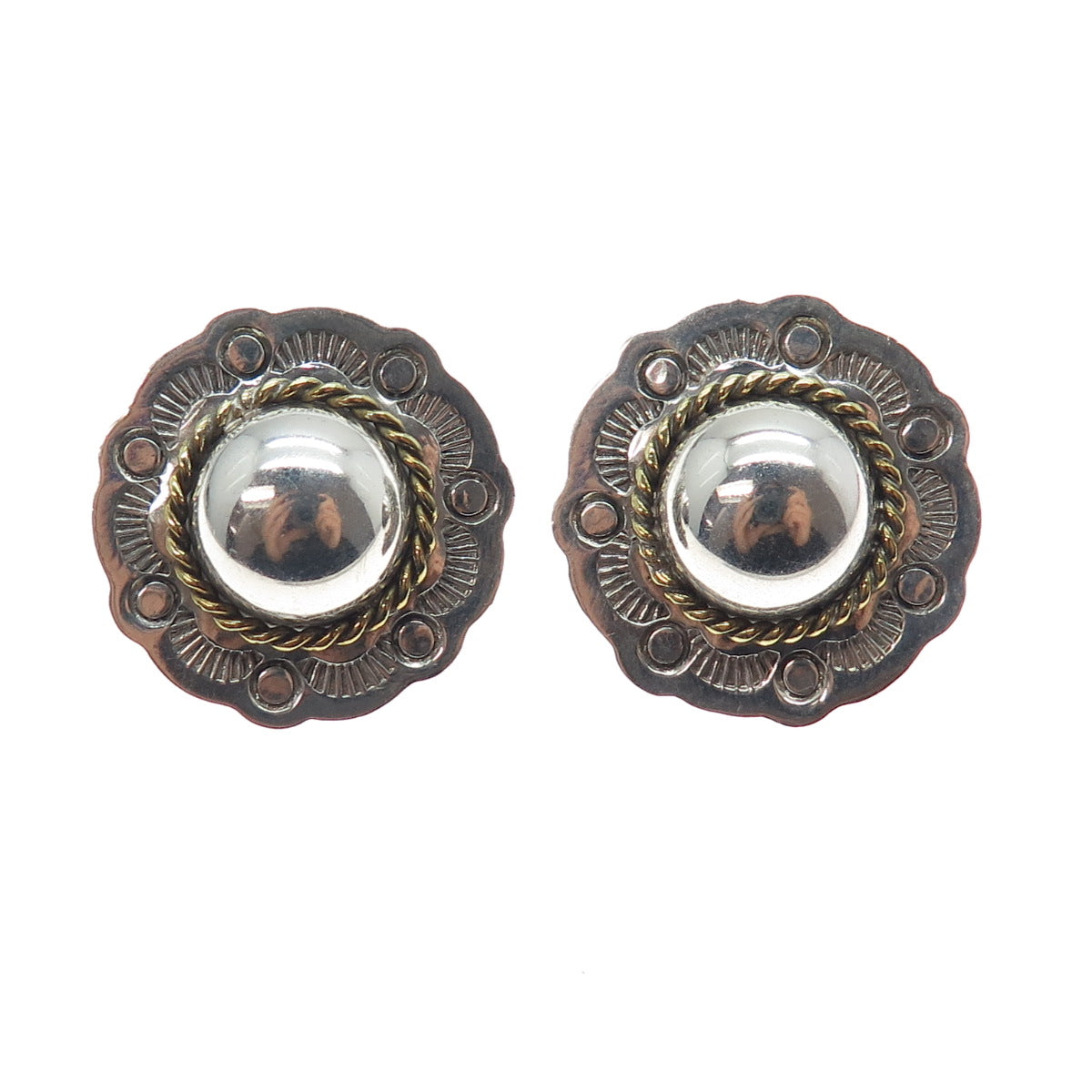 925 Sterling Silver 2-Tone Vintage Modernist Dome Disc Oxidized Earrings