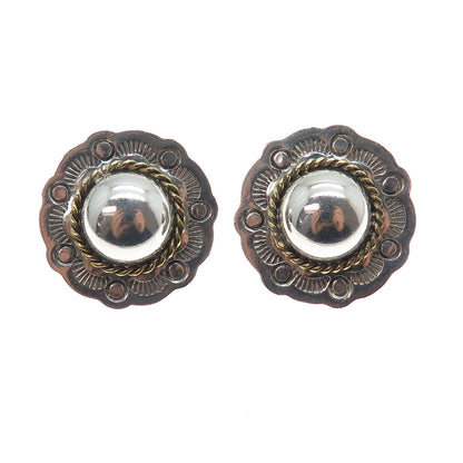 925 Sterling Silver 2-Tone Vintage Modernist Dome Disc Oxidized Earrings