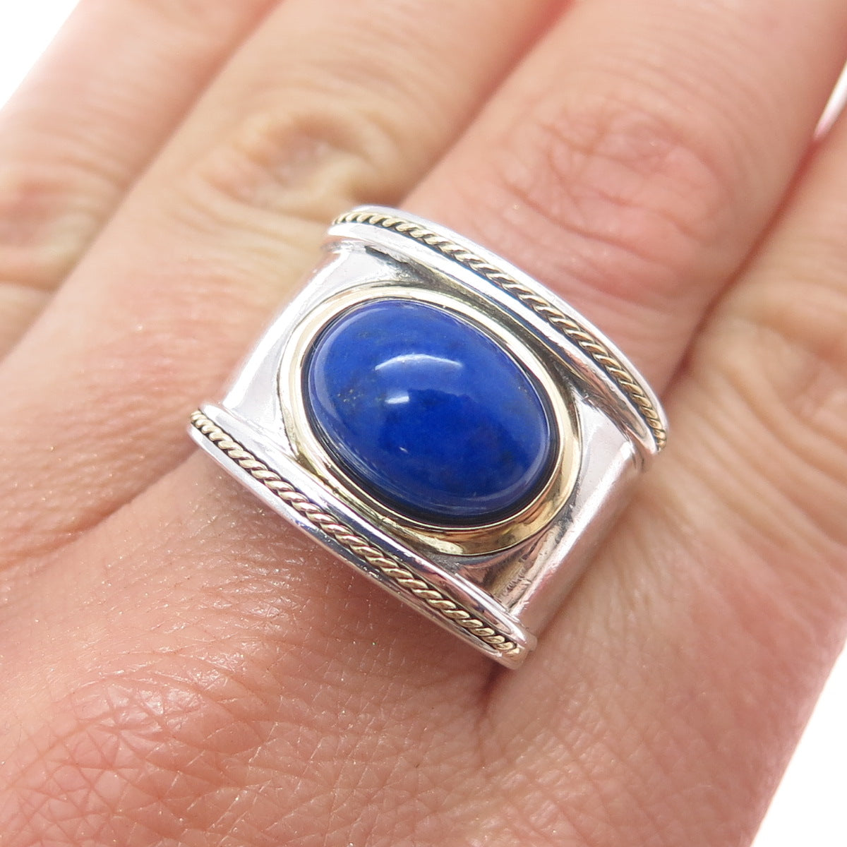 18K Gold 925 Sterling Silver Vintage Real Lapis Lazuli Modernist Ring Size 11.5