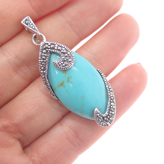 925 Sterling Silver Vintage Real Turquoise & Marcasite Oxidized Charm Pendant