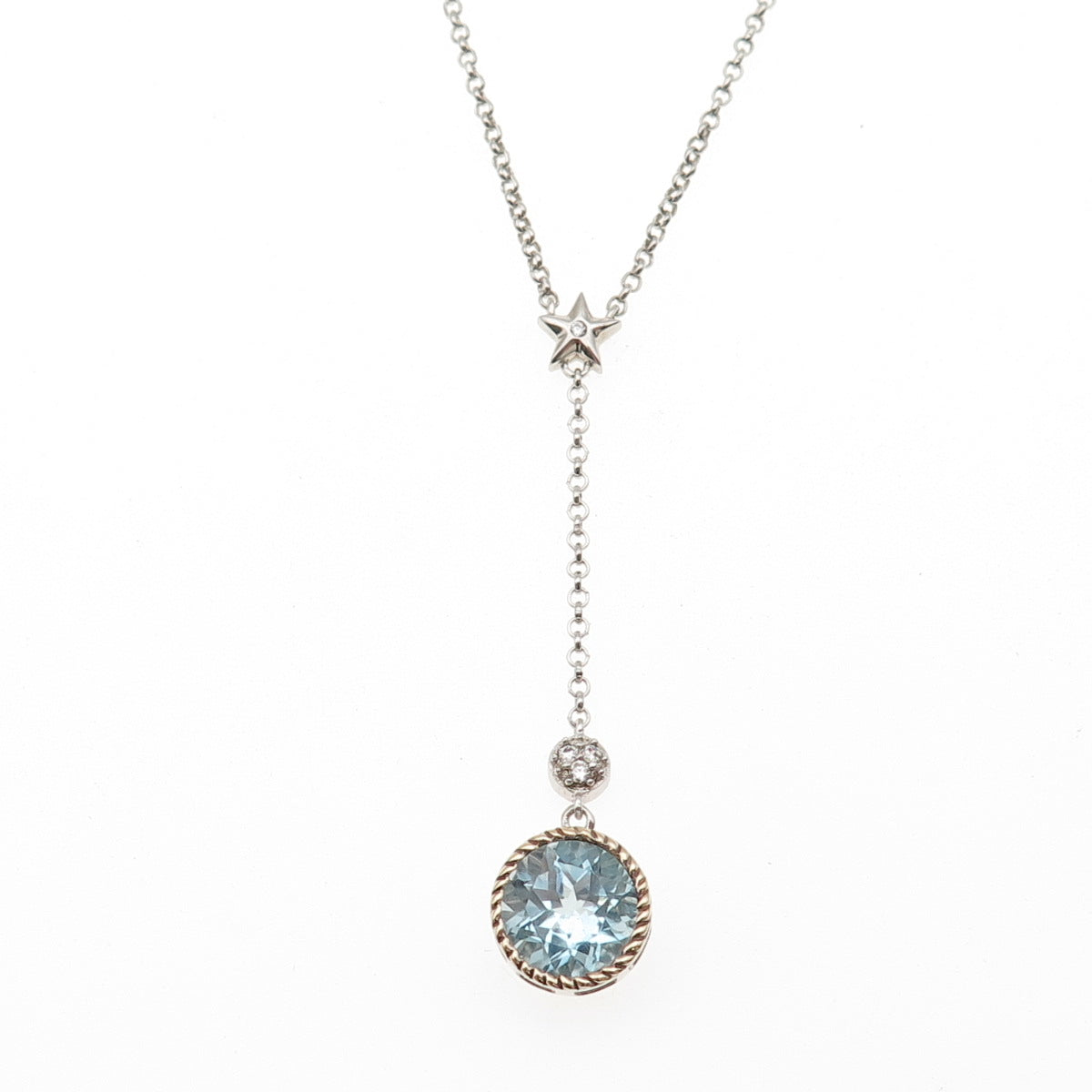 925 Sterling 14K Gold ATR Real Blue & White Topaz Lariat Chain Necklace 16-18"