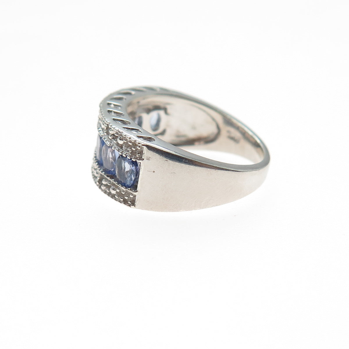 BML GEMS 925 Sterling Silver Real Oval-Cut Tanzanite & White Topaz Ring Size 6