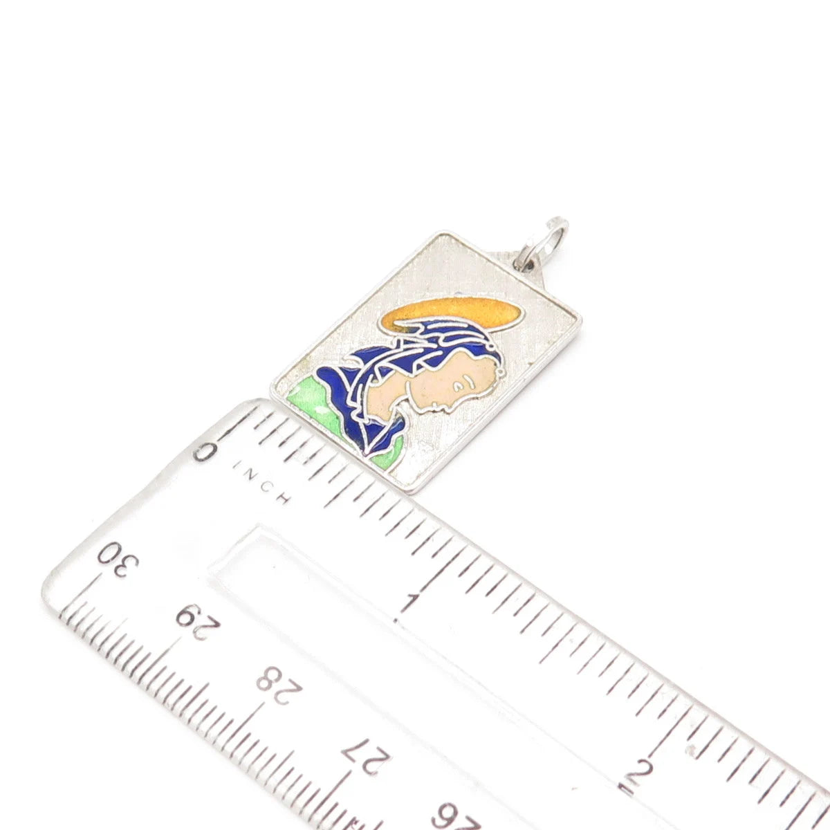 925 Sterling Silver Vintage Enamel Textured Virgin Mary Rectangle Pendant