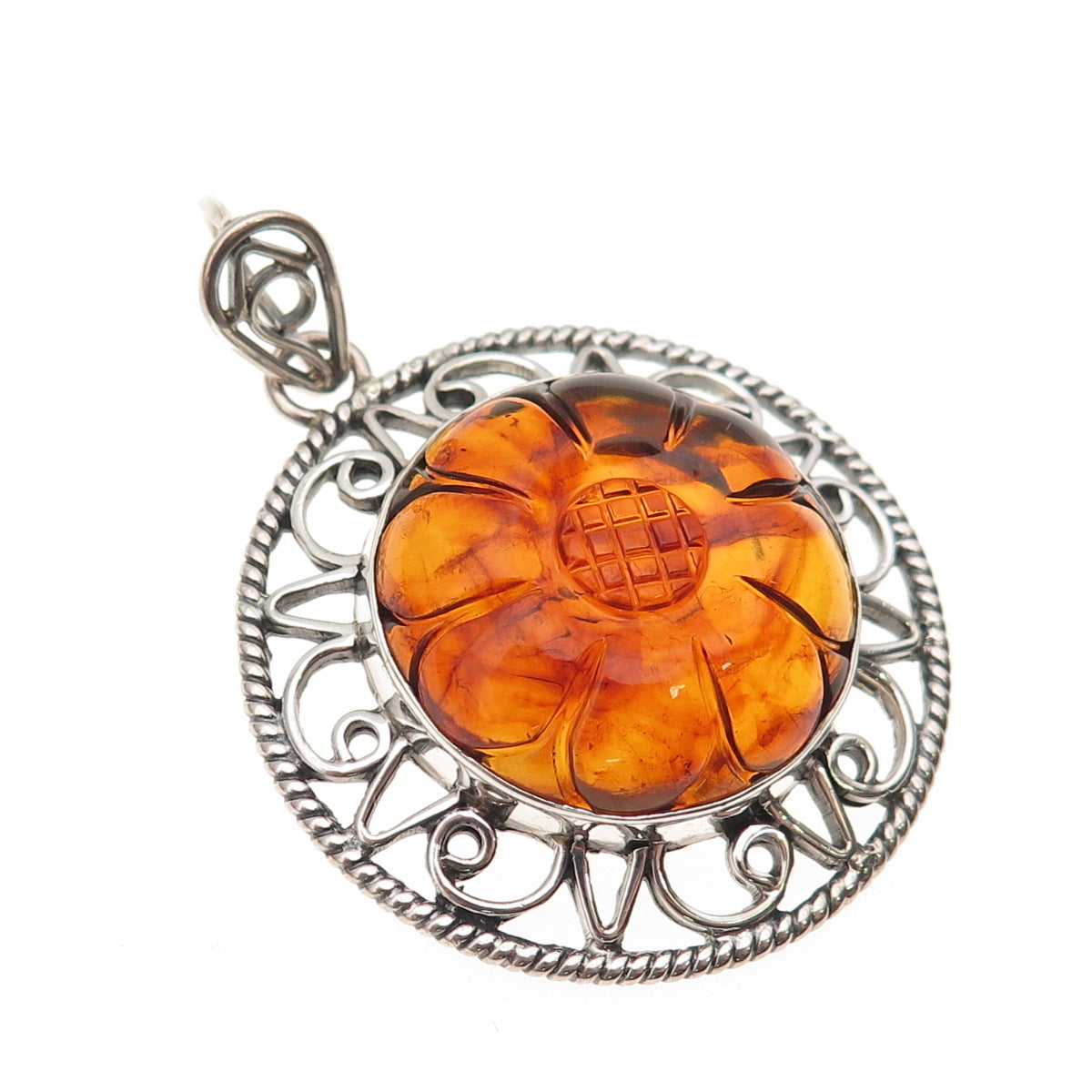 DP Doug Paulus 925 Sterling Silver Vintage Real Amber Floral Charm Pendant