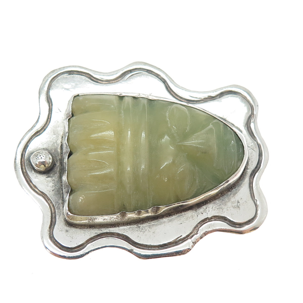 ELNA 925 Sterling Silver Vintage Mexico Real Jade Carved Mayan God Pin Brooch