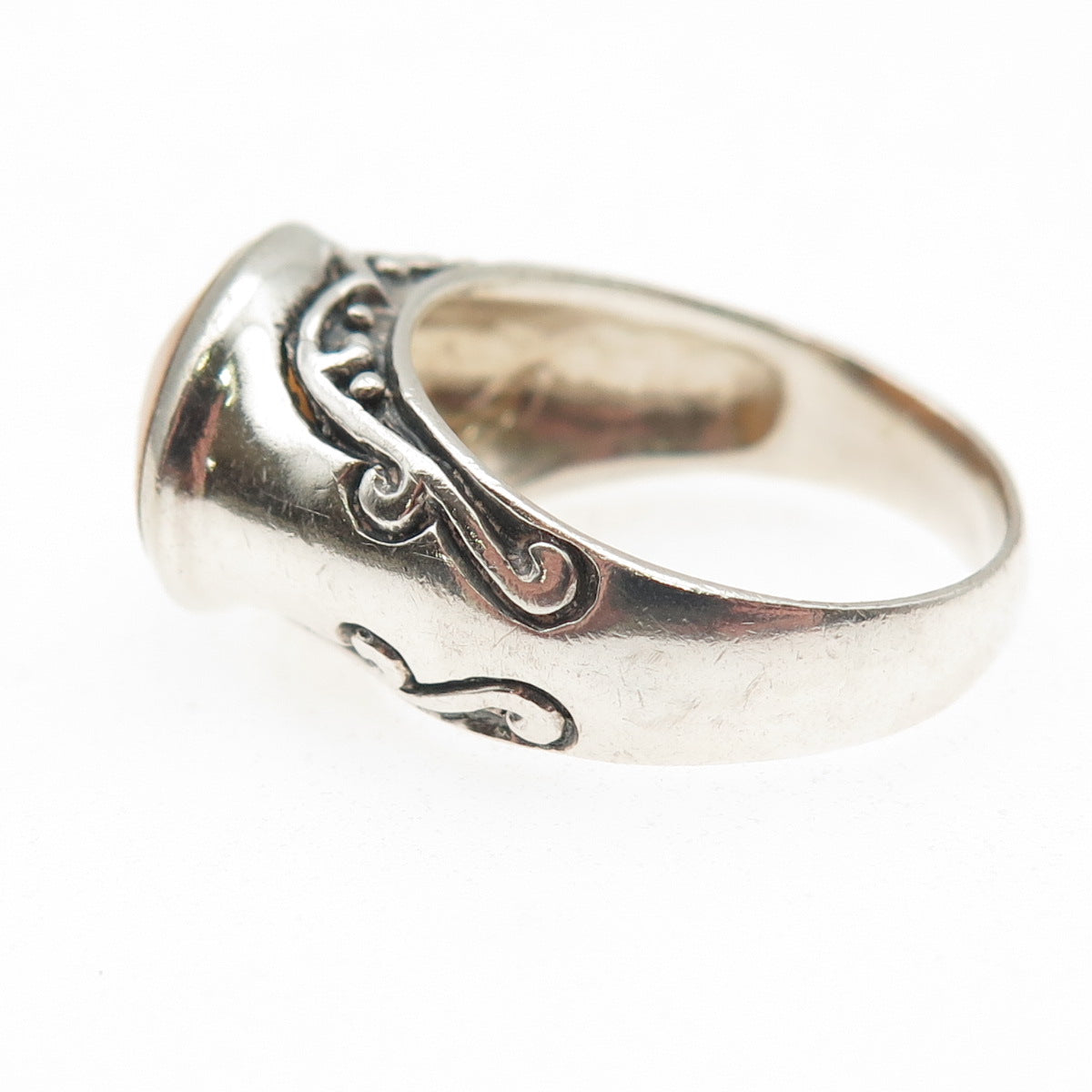925 Sterling Silver Vintage Real MOP Modernist Scroll Oxidized Ring Size 8