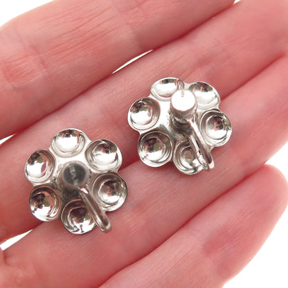 925 Sterling Silver Vintage Flower Oxidized Screw Back Earrings